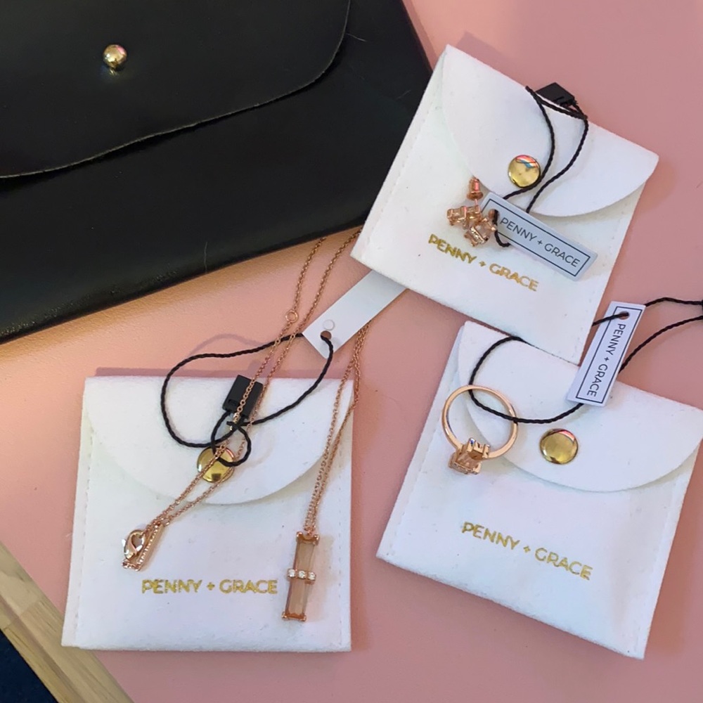 Penny & Grace 3 piece set - rose gold, pink & crystal earrings, necklace, ring